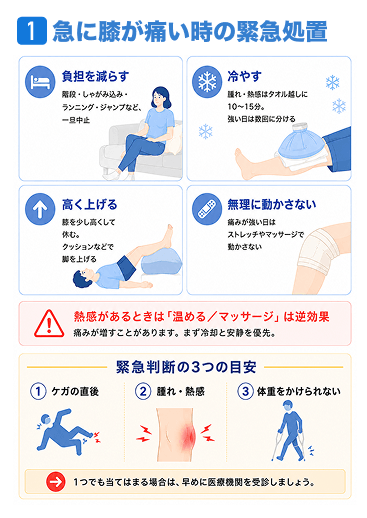 急に膝が痛い時の緊急処置(負担を減らす・冷やす・高く上げる・無理に動かさない)